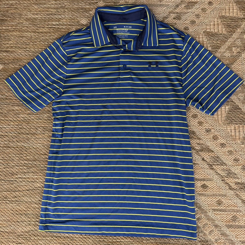 Under Armour Playoff Polo Mens Small Blue Yellow Striped Short Sleeve Golf LOGO